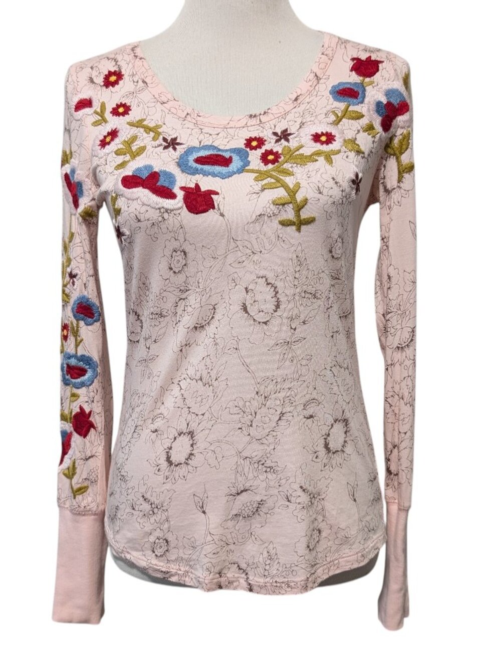 Sundance Womens Size XS Pink Floral Embroidered Long Sleeve Pullover Boho Top